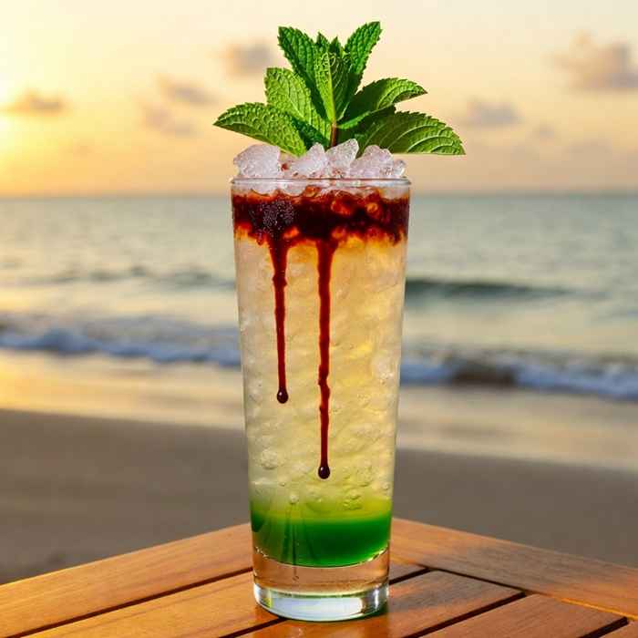 화려한 층과 풍성한 민트 장식이 돋보이는 시원한 퀸즈 파크 스위즐 완성 사진