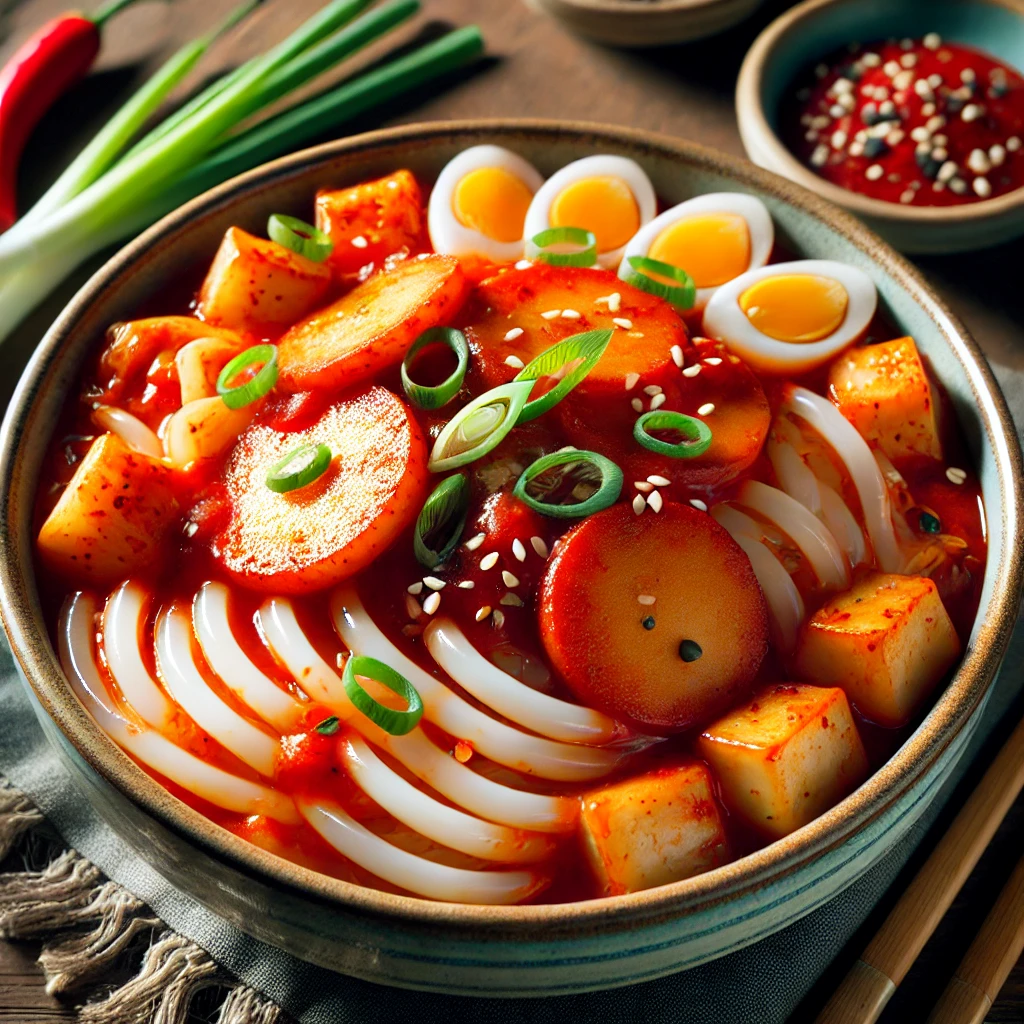 분모자를 이용한 떡볶이 요리의 근접 사진