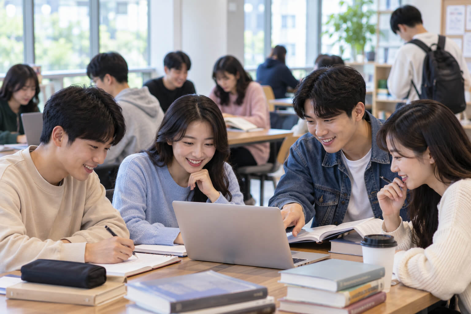 영암군 청년들이 자격증 시험과 취업 준비를 위해 학습 공간에서 노트북과 교재를 보며 함께 공부하는 모습