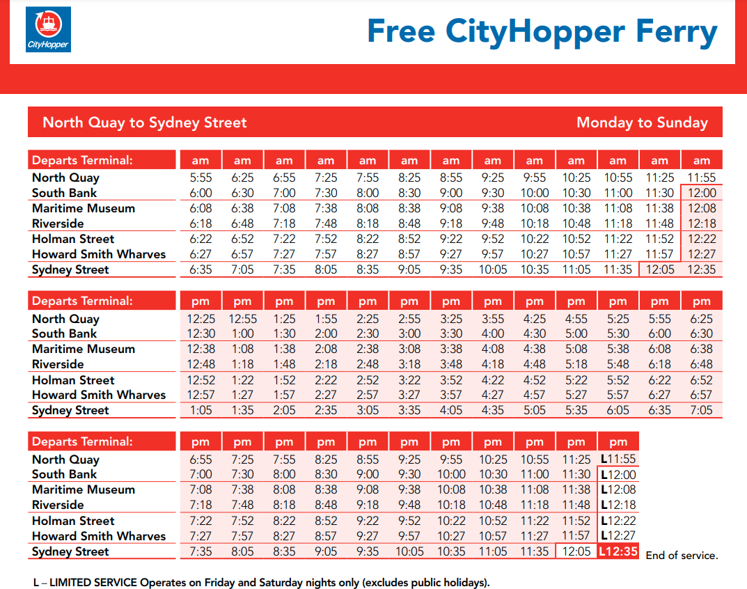 브리즈번무료페리시간표 (노스키 -> 시드니스트리트 방향)