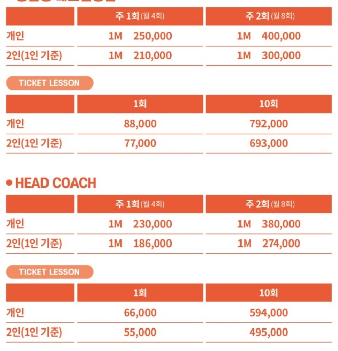 테니스 레슨 가격표 2
