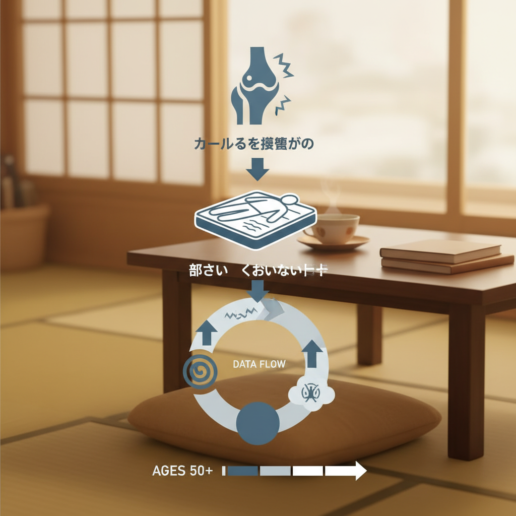 50代の軟骨劣化と寝返り減少の連鎖に関する統計・生理メカニズム・対策を示す政策リポート用インフォグラフィック