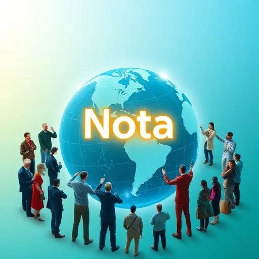 지구본 위에 노타의 로고가 빛나고, 다양한 국가의 사람들이 협력하는 모습을 암시하는 이미지입니다. 노타의 기술이 국내를 넘어 세계 시장으로 확장될 가능성을 나타냅니다.