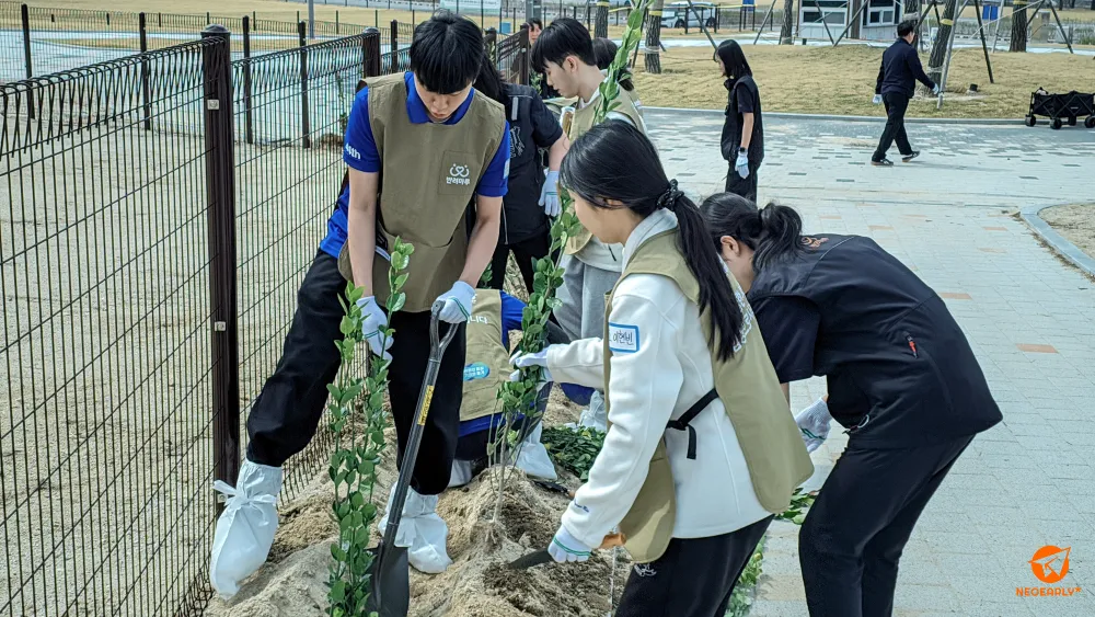 반려동물 놀이터 옆 울타리를 따라 나무를 심습니다.