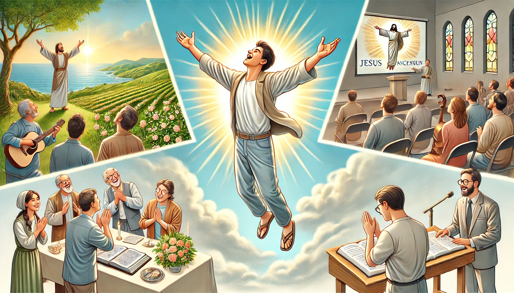 Here is the illustration showing a modern person joyfully celebrating and praising Jesus' ascension, reflecting the joy and praise of the disciples who witnessed it. The scenes include the person in a state of elation and gratitude, imagining the sight of Jesus ascending into heaven. Activities depicted are singing hymns, praying with uplifted hands, and expressing heartfelt thanks. The environments feature a beautiful, serene outdoor setting with the sky symbolizing Jesus' ascension, and a peaceful indoor space for worship and praise, conveying deep joy, thankfulness, and worship.