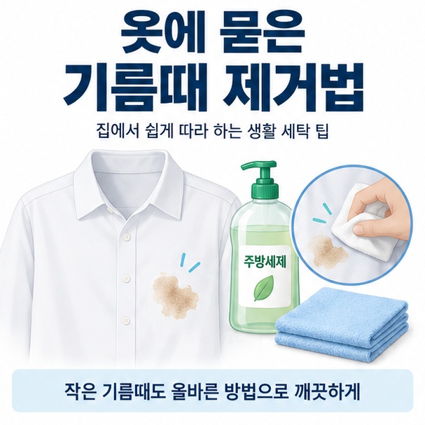 기름 얼룩이 묻은 셔츠와 주방세제 아이콘을 배경으로 옷에 묻은 기름때 제거법이라는 글자가 중앙에 놓인 교육용 인포그래픽
