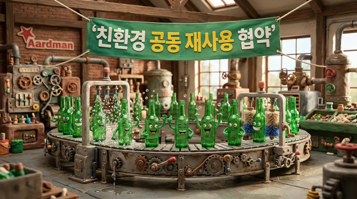 클레이 애니메이션으로 표현된 친환경 소주병 재활용 공장 내부. 귀여운 초록색 소주병 캐릭터들이 금속 컨베이어 벨트를 타고 이동하며 자동 세척 스프레이로 깨끗하게 씻겨지고 있고, 위쪽에 '친환경 공동 재사용 협약' 배너가 걸려있는 모습