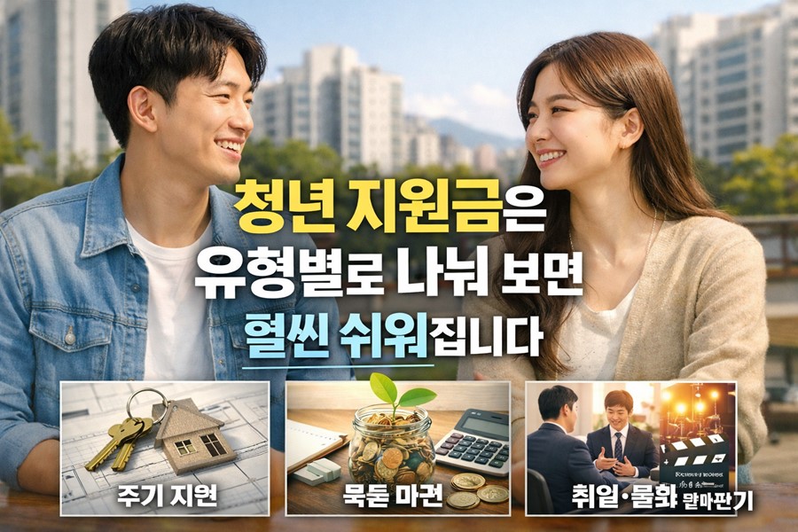 2026 청년 지원금을 주거, 자산형성, 취업, 문화 지원으로 나누어 한눈에 보여주는 안내 이미지