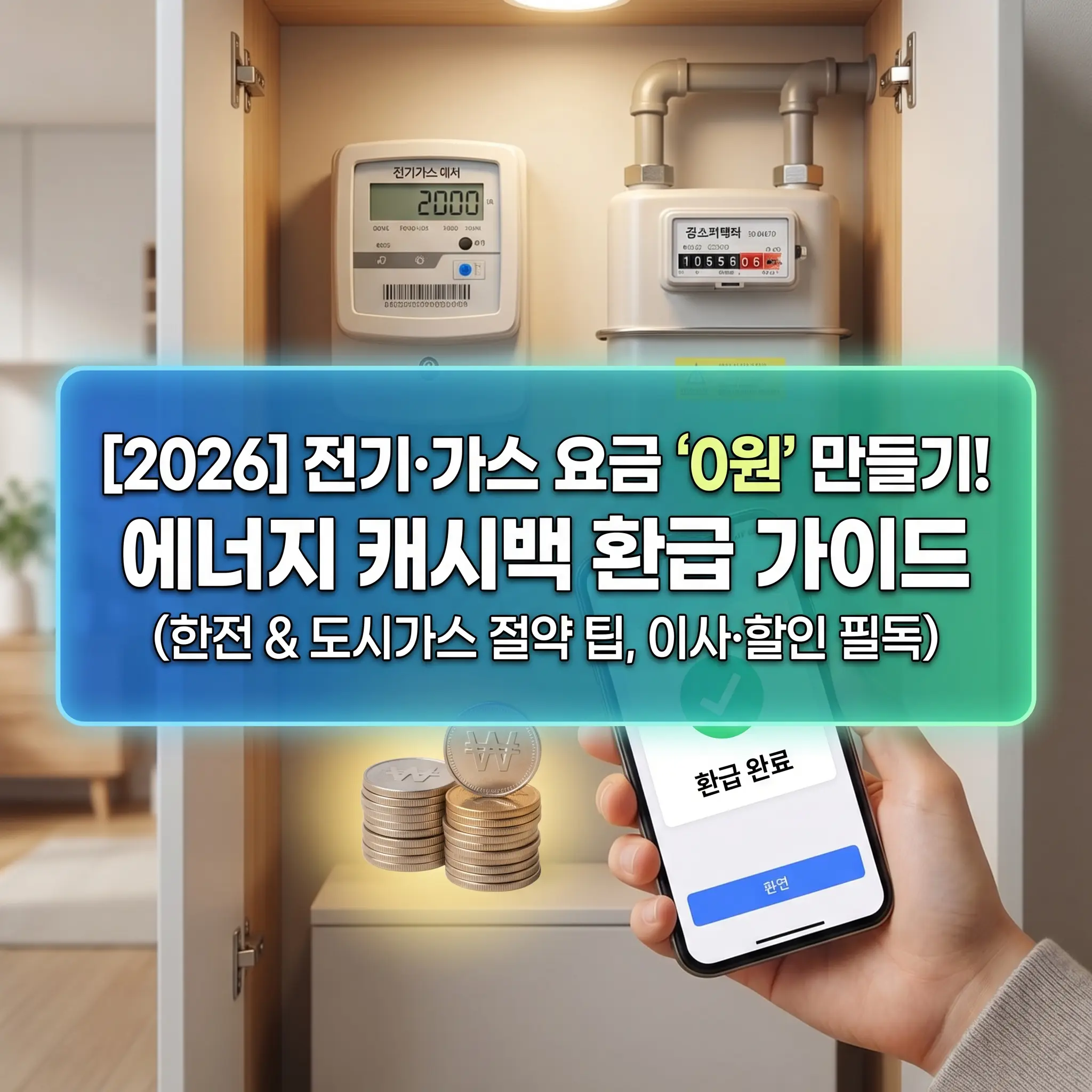 2026 전기 가스 요금 0원 만들기 에너지 캐시백 환급 가이드 썸네일 이미지, 한전 및 도시가스 절약 팁과 이사 할인 정보 포함