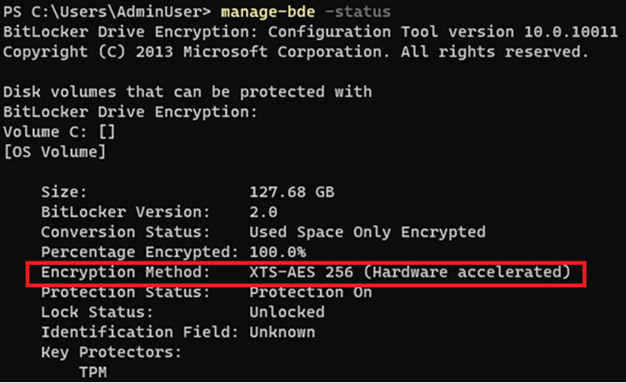 manage-bde 상태에서 하드웨어 가속 BitLocker 여부 확인 예시 이미지