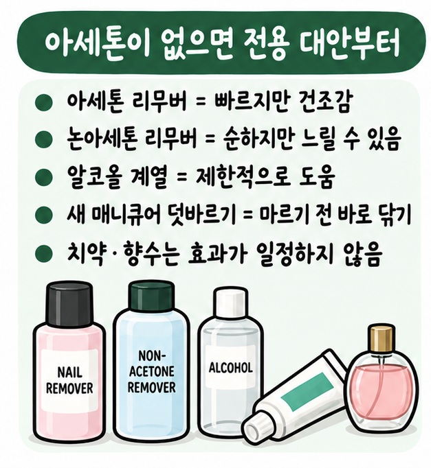 아세톤 리무버와 논아세톤 리무버, 알코올 계열, 새 매니큐어 덧바르기 방법의 차이를 비교한 카드