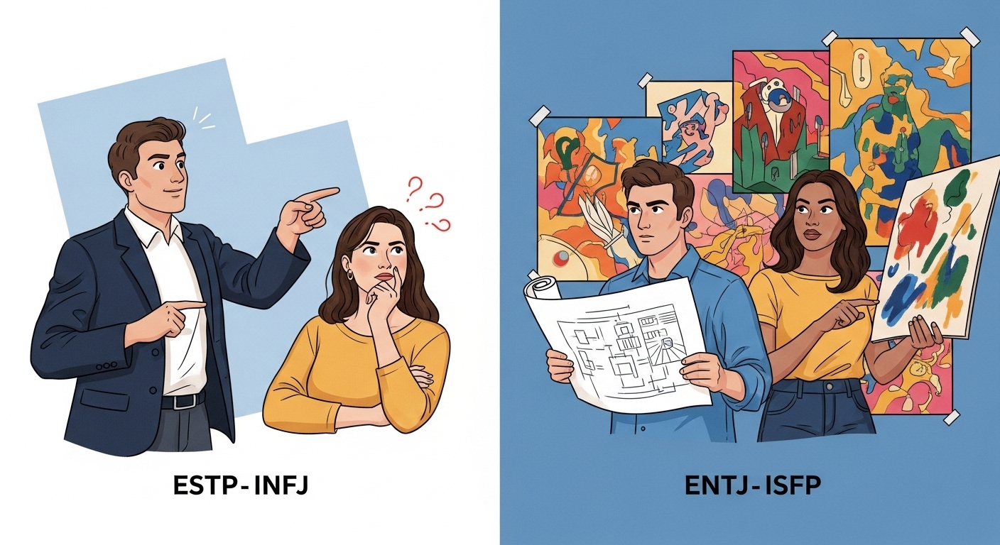 MBTI 궁합에서 갈등이 발생하기 쉬운 두 커플이 서로의 차이로 인해 오해하는 모습. ESTP-INFJ와 ENTJ-ISFP 커플이 각기 다른 시선과 가치관을 보여주고 있다.