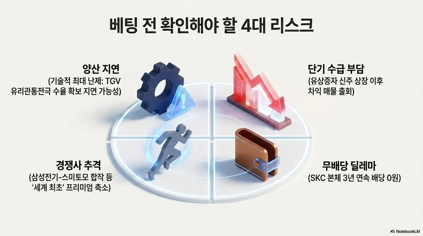 SKC 주가 전망: SKC 투자 전 점검할 4대 리스크를 네 구획으로 나눠 표현한 이미지. 유리기판 양산 지연&amp;#44; 유상증자 신주 단기 수급 부담&amp;#44; 경쟁사 추격에 따른 세계 최초 프리미엄 축소&amp;#44; 3년 연속 무배당 딜레마를 담음. SKC 주가 전망의 리스크 요인을 시각적으로 설명함. 