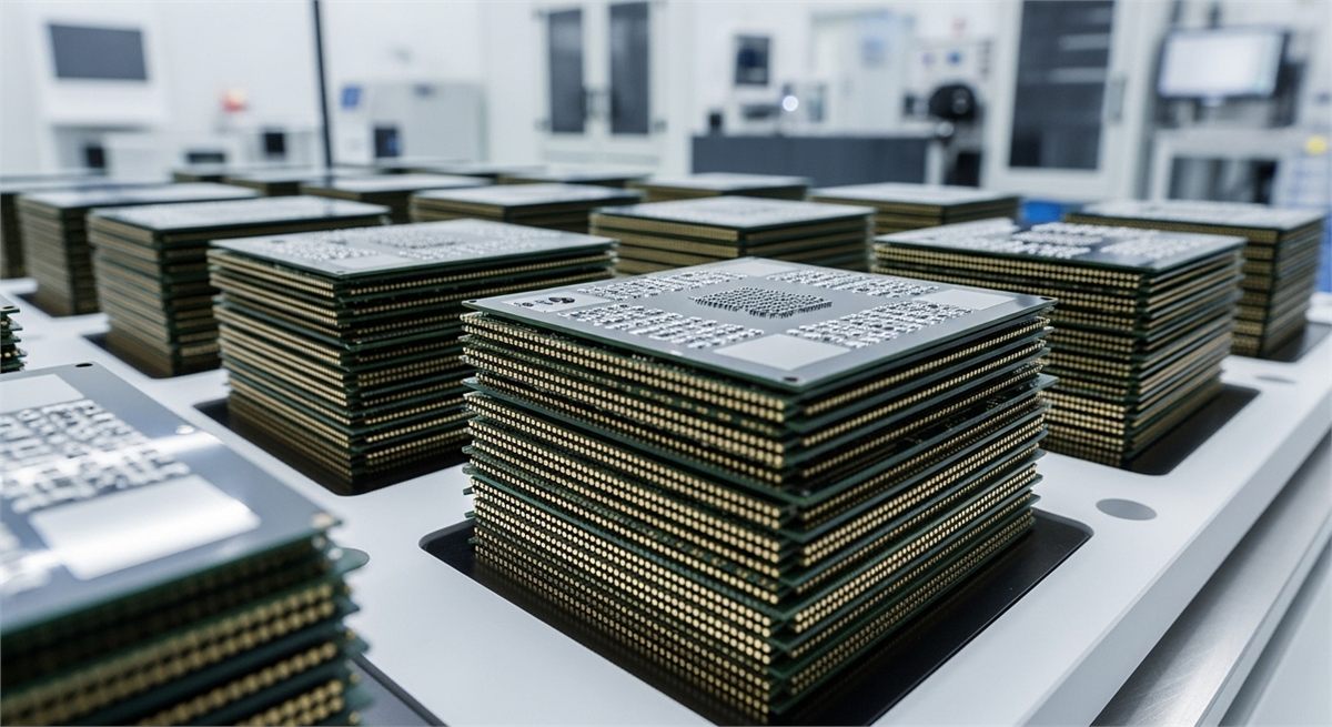 HBM 메모리 칩 적층 구조를 가까이에서 보여주는 반도체 디테일 장면 