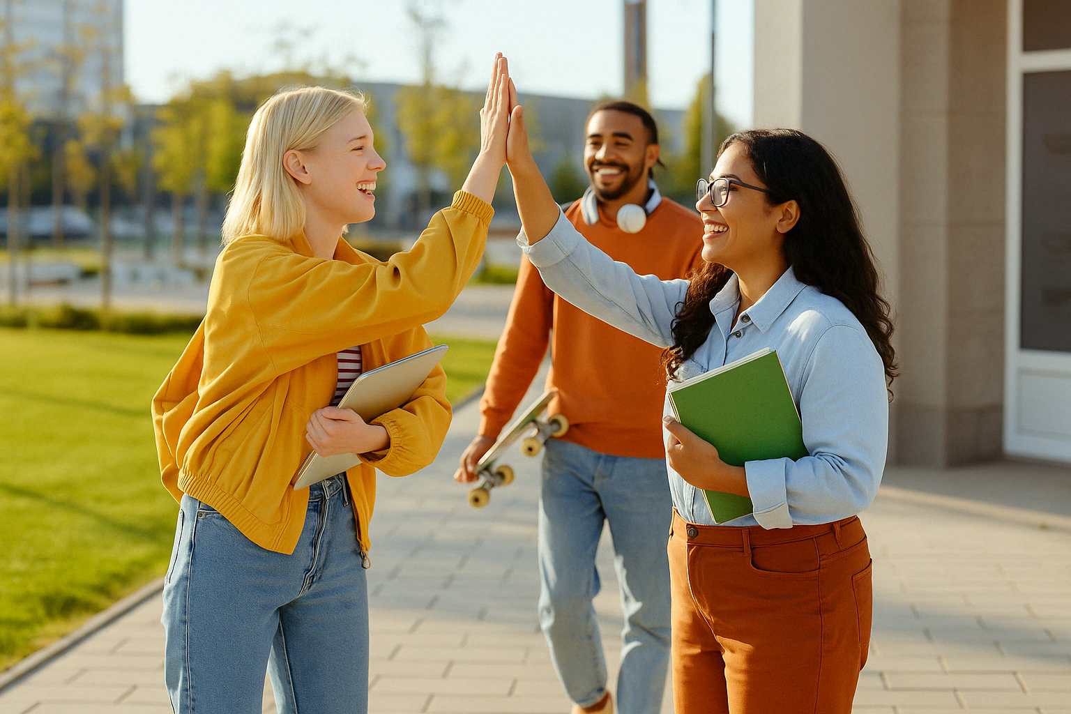 세 사람이 화창한 캠퍼스 길을 걸으며 서로 하이파이브를 나누고 있다. 왼쪽의 금발 여성은 노트북을, 오른쪽의 검은 머리 여성은 책을 든 채 밝게 웃으며 손을 맞대고 있고, 뒤에서는 스케이트보드를 든 남성이 미소 지으며 두 사람을 바라보고 있다.