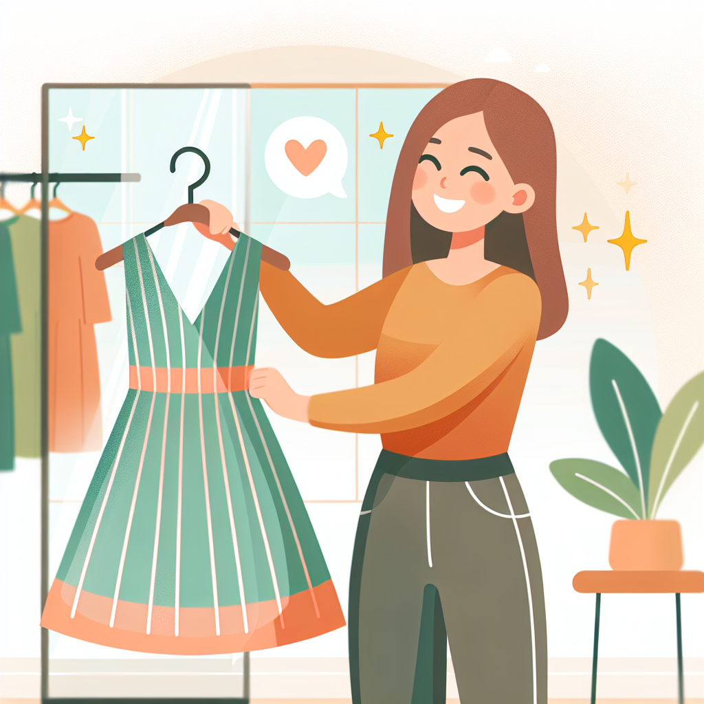 A flat vector illustration of a young woman happily holding a stylish dress in front of a mirror in a clothing store. She has a bright smile and hearts in her eyes, expressing that she loves the item. The background is simple and abstract. The color palette focuses on fresh green and warm orange tones.