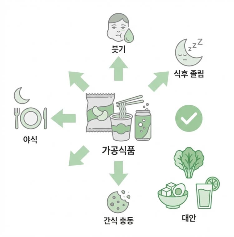 가공식품 섭취가 붓기·식후 졸림·간식 충동으로 이어지는 흐름을 아이콘으로 표현한 인포그래픽