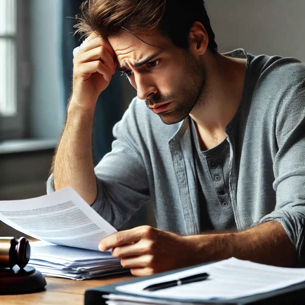 책상에 앉아 법률 서류를 보고 걱정스러운 표정을 짓고 있는 30대 남성, 상속 문제에 대한 고민