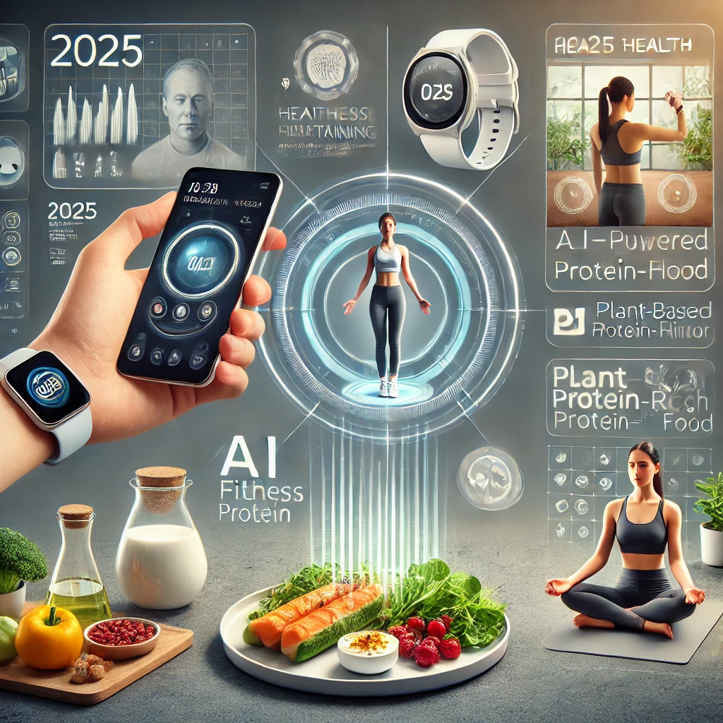 현대적인 헬스케어 트렌드를 한눈에 보여주는 이미지: AI 헬스케어, 스마트 운동 기기, 건강한 식단이 함께 담긴 콜라주 형태