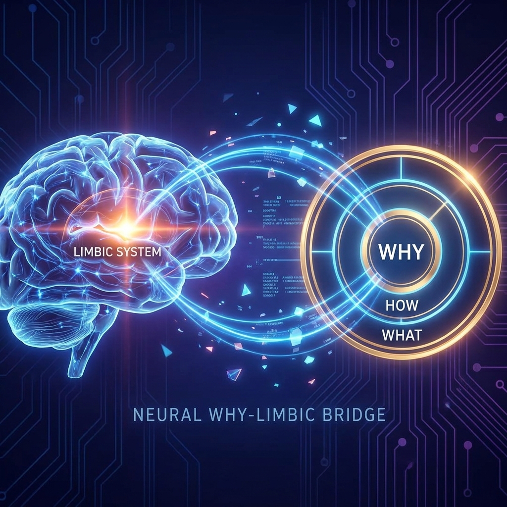 인간의 뇌 구조와 골든 서클 도표를 나란히 배치한 창의적 디지털 일러스트. 'Why'라는 중심 키워드가 뇌의 변연계와 연결되어 강력한 신경 반응을 일으키는 모습을 미래지향적인 테크 스타일로 표현한 8k 고해상도 이미지.