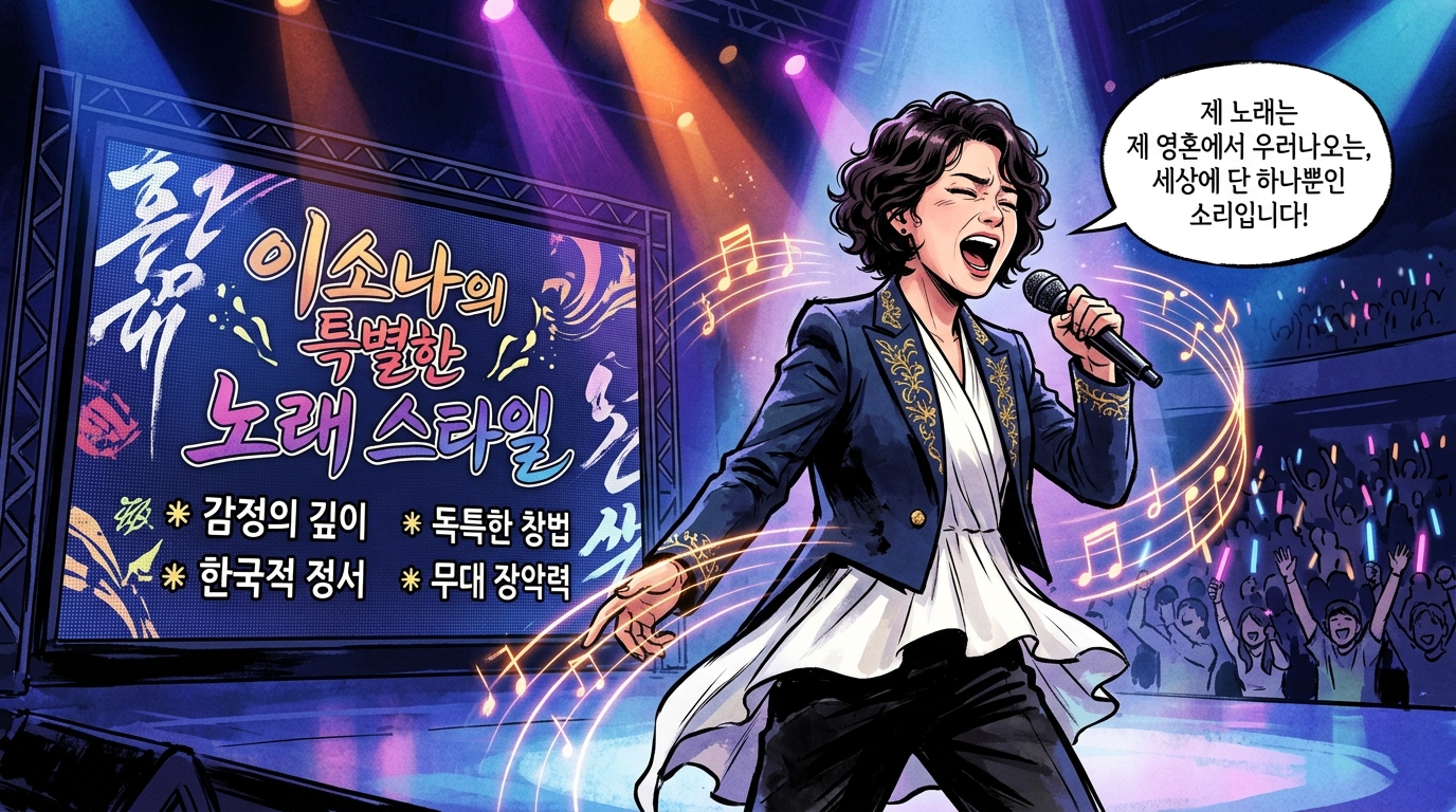 무대 위에서 열창하는 이소나의 모습과 그녀의 독특한 창법을 설명하는 그래픽