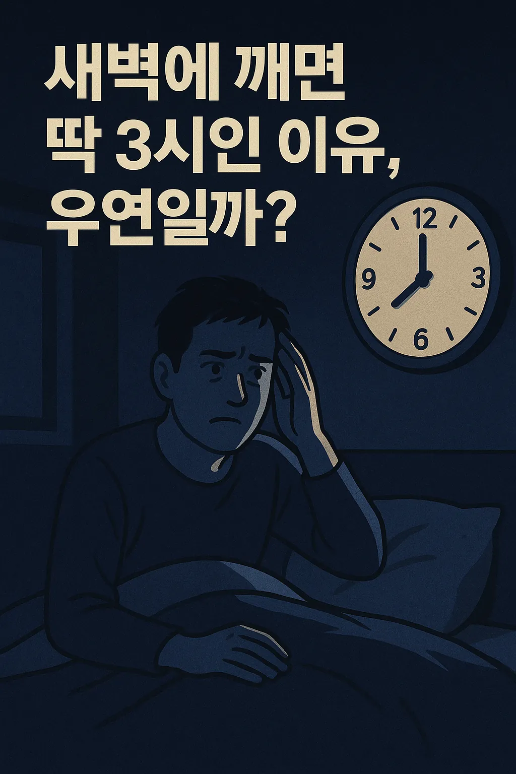 새벽-3시-기상-이유를-묘사한-일러스트로-어두운-방-안에서-혼란스러운-표정으로-깨어있는-사람과-3시를-가리키는-시계가-함께-표현됨