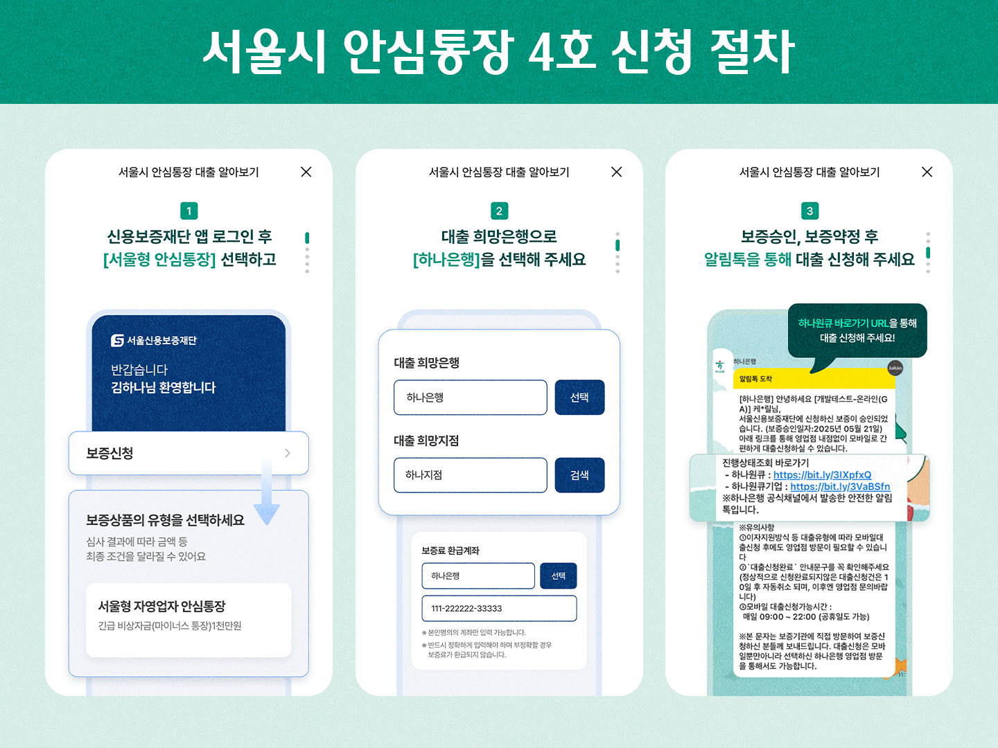 서울시 안심통장 4호 신청 절차, 서울신용보증재단 앱 3단계 화면