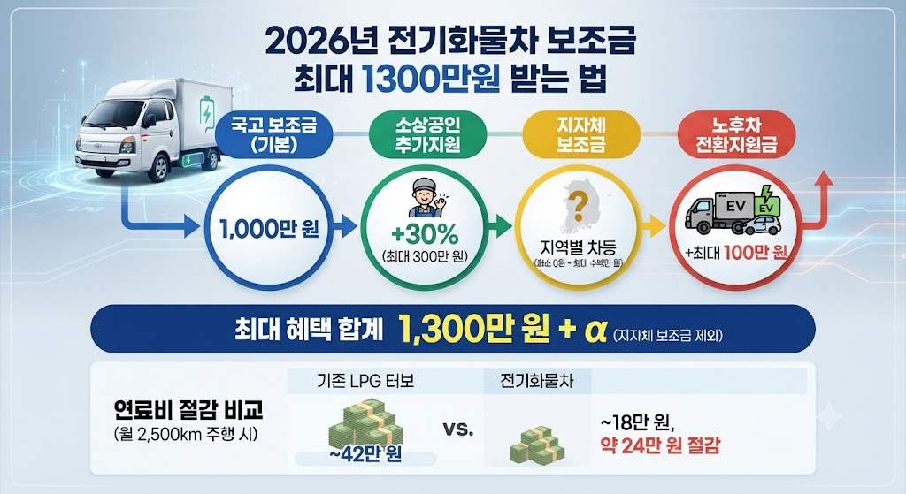 "2026년 전기화물차 보조금 최대 1300만원 받는 법 - 국고보조금, 소상공인 추가지원, 지자체 보조금 및 LPG 화물차 대비 월 유지비 절감 비교 인포그래픽"