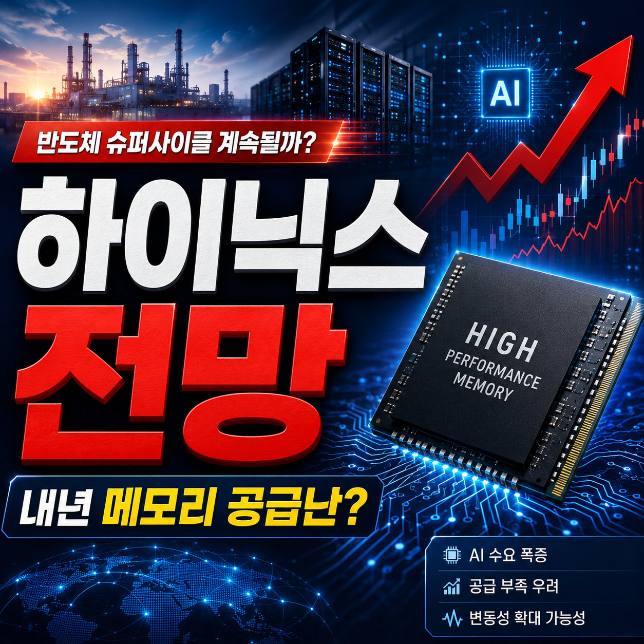 SK하이닉스의 미국 메모리 생산공장 투자 가능성과 AI HBM 공급 부족 전망, ADR 상장 이후 주가 전망과 기술적 분석을 설명하는 반도체 정보 이미지