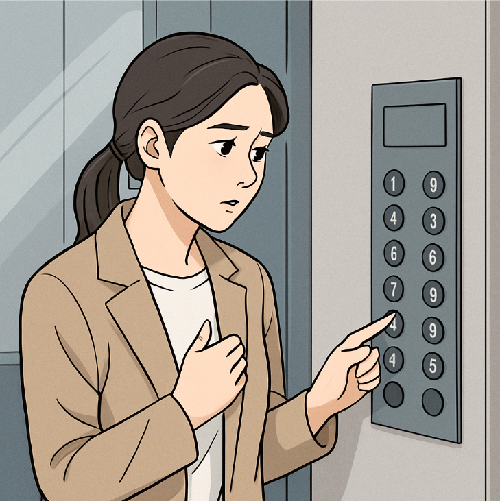 엘리베이터 내부에서 버튼을 살펴보는 입주민의 모습