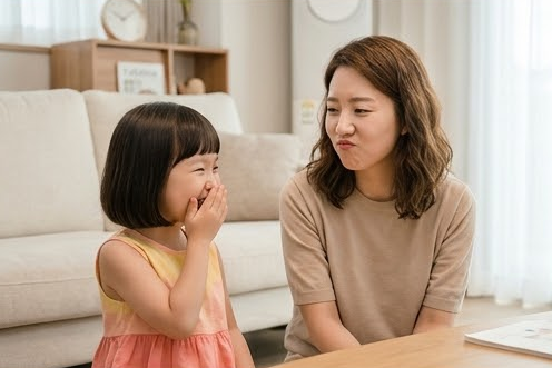 엄마의 장난스러운 표정에 웃음이 터진 딸