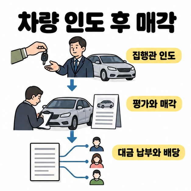 차량 열쇠를 집행관에게 전달하는 장면, 차량 상태를 평가하는 장면, 서류에서 여러 수령인으로 연결되는 장면을 화살표로 이어 인도와 매각 및 배당 흐름을 보여 준 그림