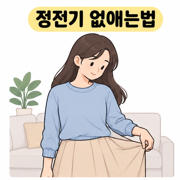 정전기 없애는법 제목 아래 몸에 달라붙은 치마 자락을 가볍게 떼어 내며 살펴보는 여성