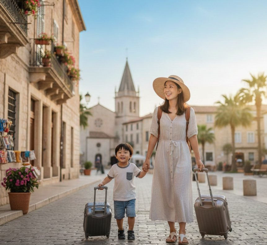 아이와 엄마가 해외여행을 가서 캐리어를 끌고 걸어가는 모습
