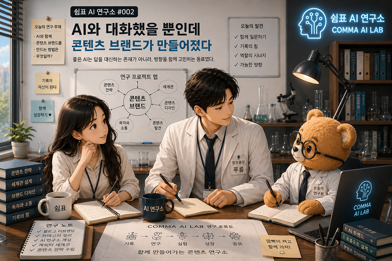 쉼표 AI 연구소에서 콘텐츠 브랜드를 함께 설계하는 쉼표, 참모총장 푸름, 연구원 은돌이의 첫 번째 연구 회의