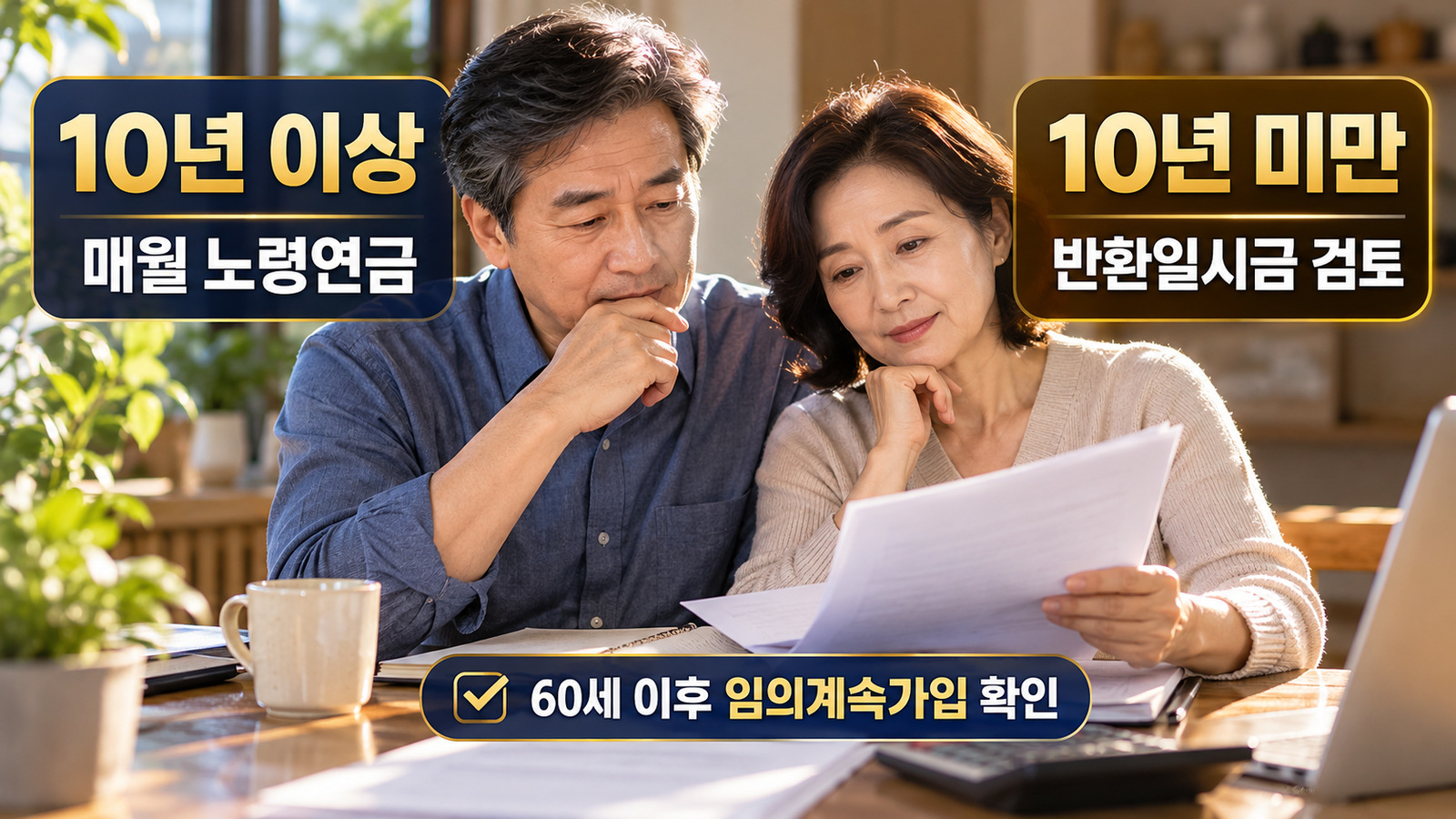 은퇴 준비 서류를 살피는 중년 부부 사진 위에 가입기간 10년 이상 노령연금, 10년 미만 반환일시금 검토, 60세 이후 임의계속가입 확인을 비교한 실사형 인포그래픽