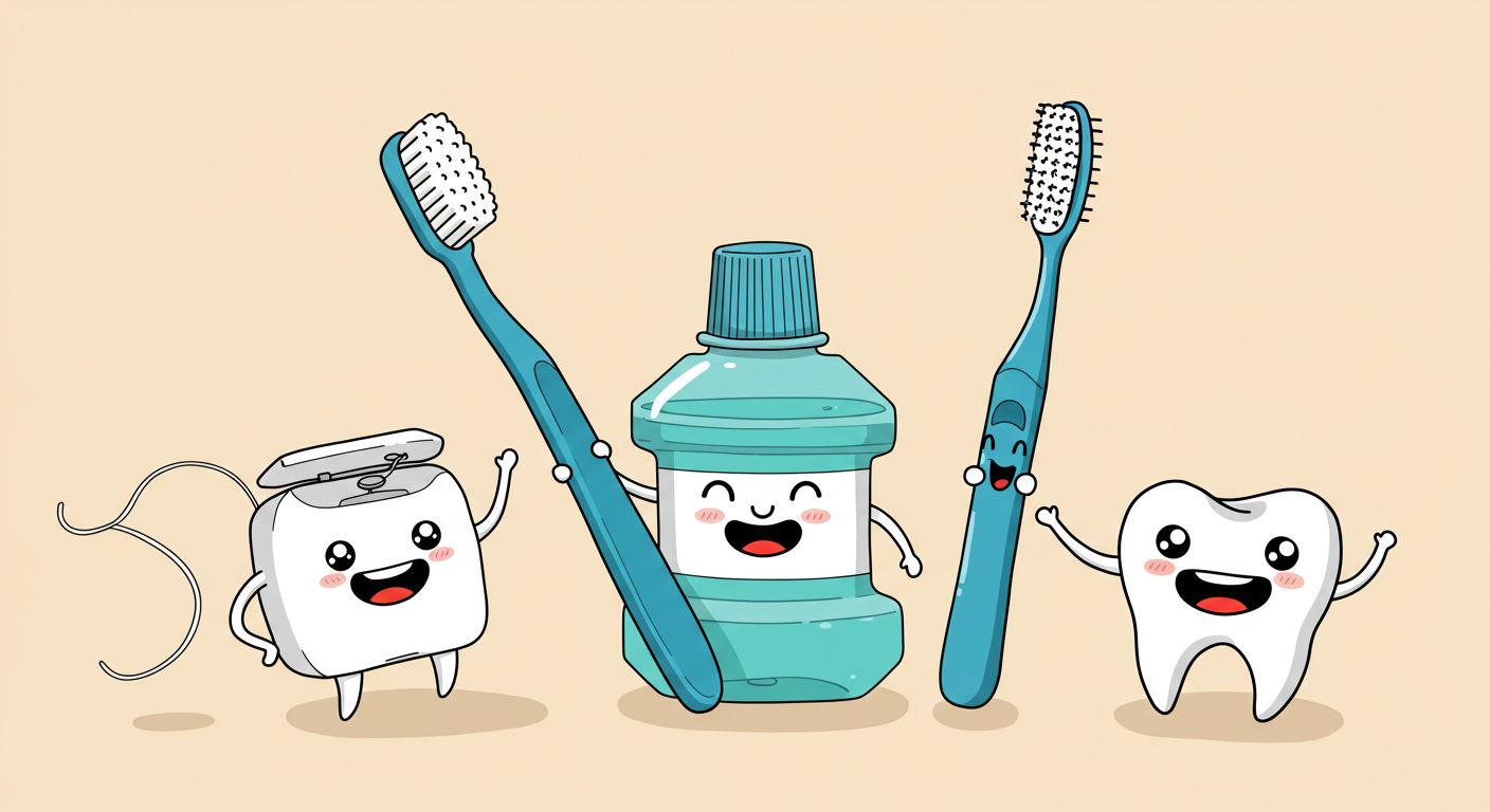 교정 전용 칫솔, 치실, 치간칫솔, 불소 가글이 웃는 얼굴로 그려진 귀여운 일러스트, 밝은 배경, 키워드: 교정용 칫솔, 구강 관리 도구