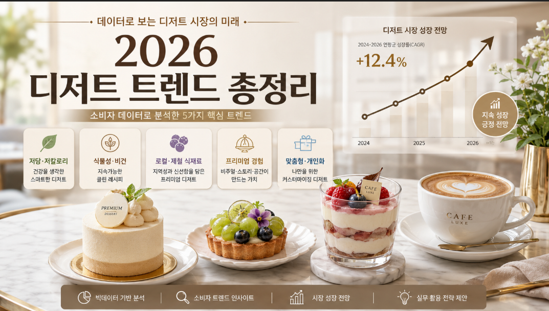 2026 디저트 트렌드 총정리를 보여주는 카페 디저트와 데이터 분석형 썸네일 이미지