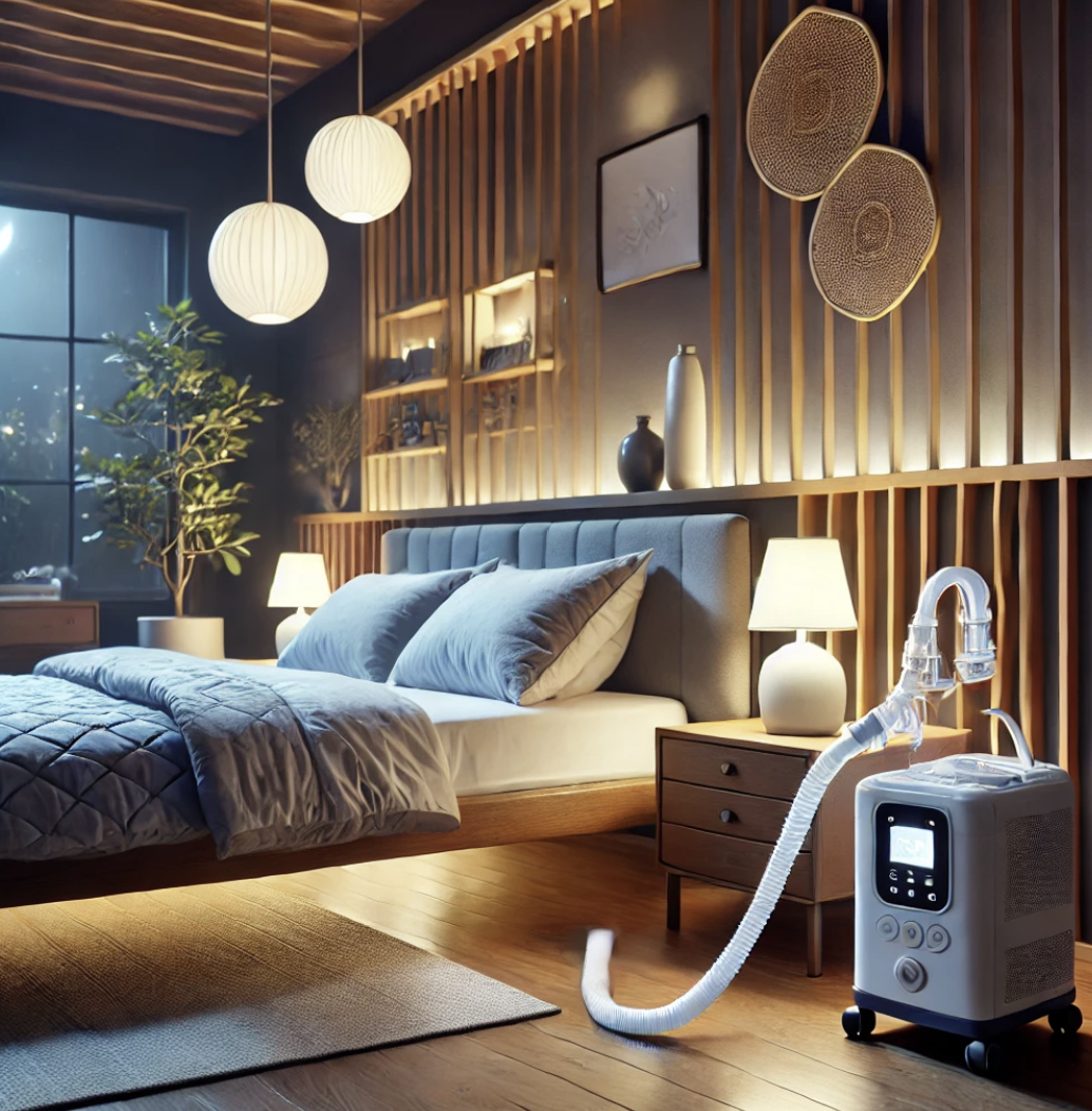밤에 CPAP 기계를 사용하고자 침대옆에 비치한 모습