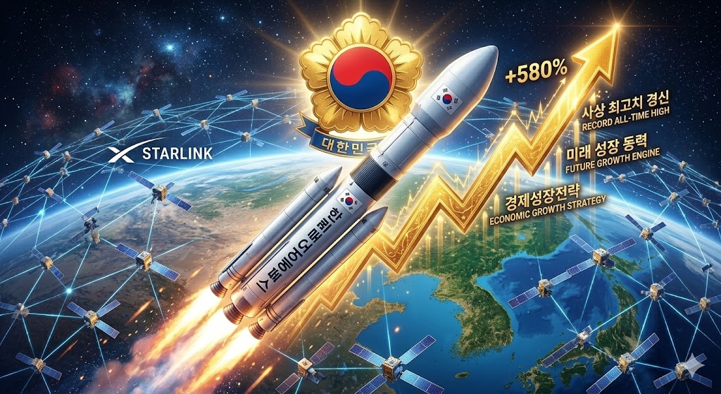 거대한 우주 공간을 배경으로, 일론 머스크 스페이스X의 '스타링크' 위성망에 당당히 맞서며 우주 궤도에 진입하는 대한민국 '한화에어로스페이스'의 차세대 고성능 우주 발사체와 그 위로 정부 경제성장전략을 상징하는 거대한 황금빛 국장 로고가 새겨진 첨단 3D 일러스트 이미지. 발사체 궤적을 따라 황금빛 실적 우상향 그래프가 화려하게 오버레이된 그래픽.