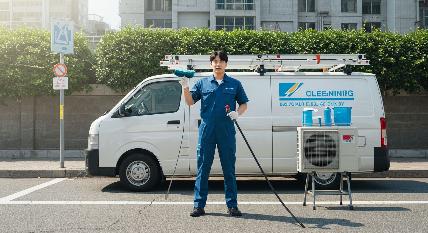 에어컨 청소 창업에 도전하는 한국 청년이 서비스 차량 옆에 선 모습