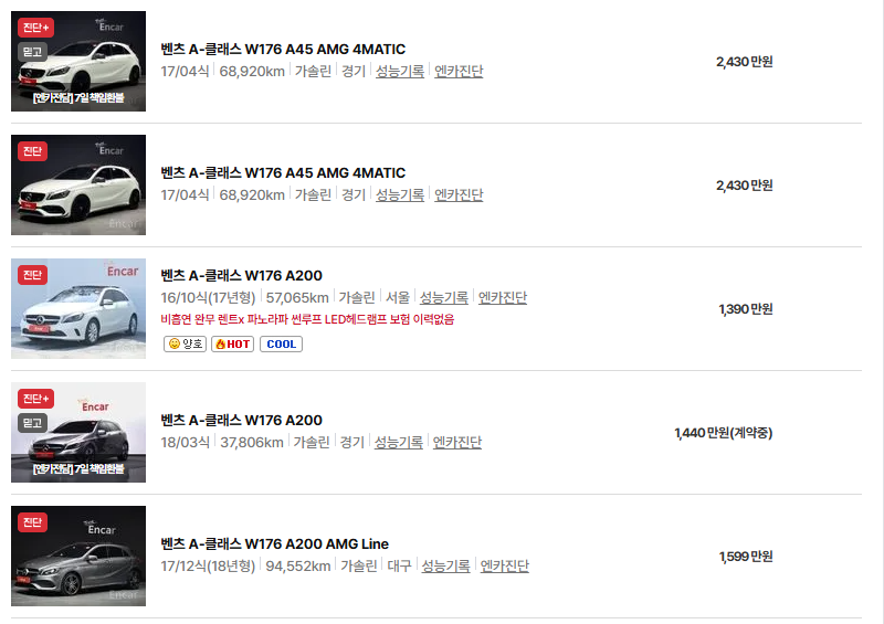 벤츠 a 클래스 중고차 가격 시세표 유지비