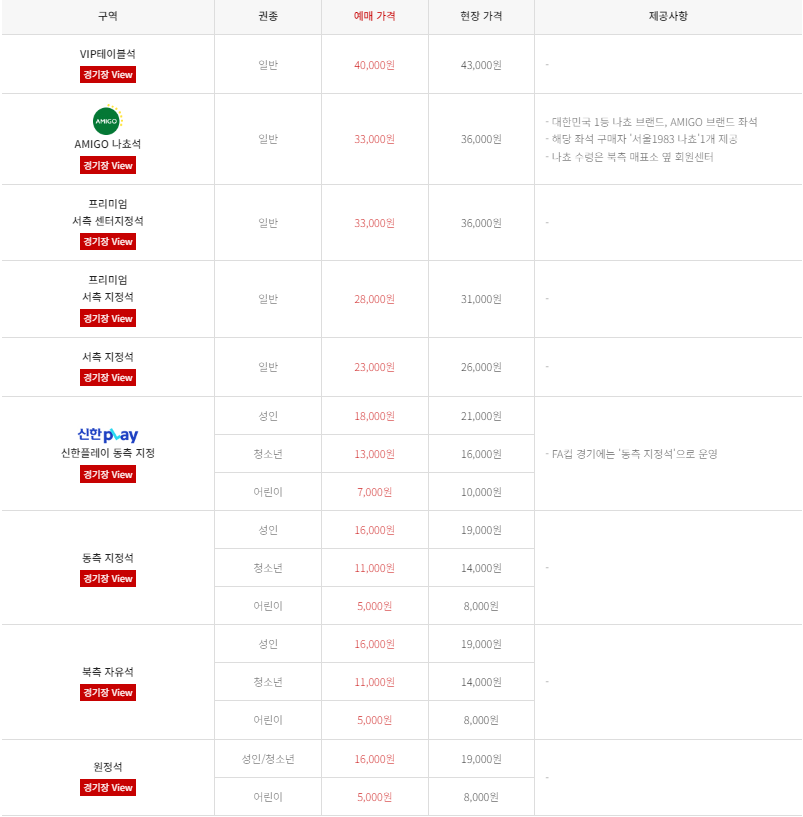 FC서울 서울월드컵경기장 입장권 요금표(티켓 가격)