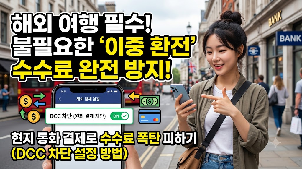 스마트폰 카드사 앱 화면에서 해외 원화 결제 차단 및 해외 이용 제한 스위치를 켜는 그래픽