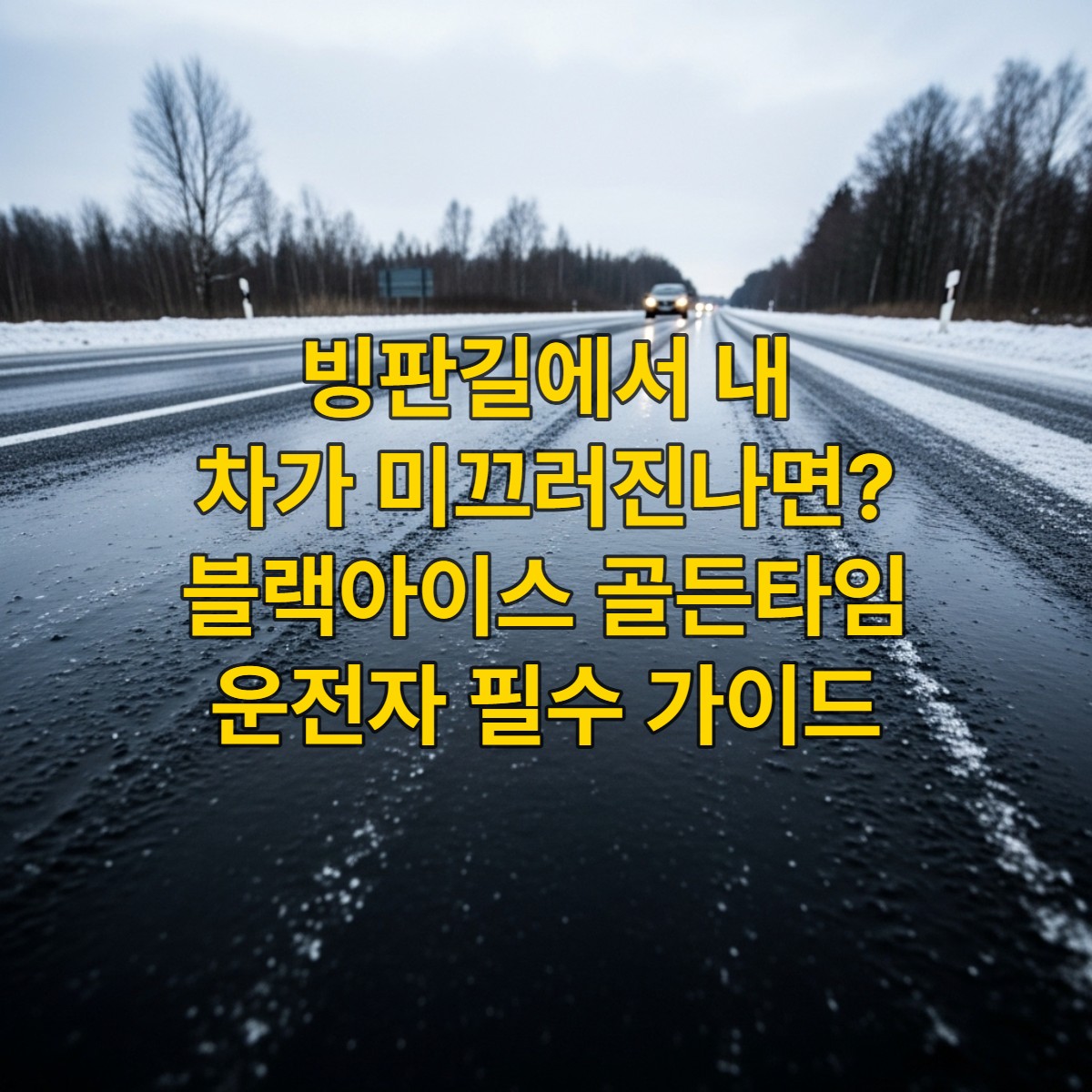 육안으로는 젖은 아스팔트처럼 보이지만 실제로는 투명한 얼음막이 덮인 위험한 블랙 아이스 도로 풍경. 멀리서 차량 한 대가 조심스럽게 접근하고 있으며, 겨울철 도로의 잠재적 위험을 보여줍니다.