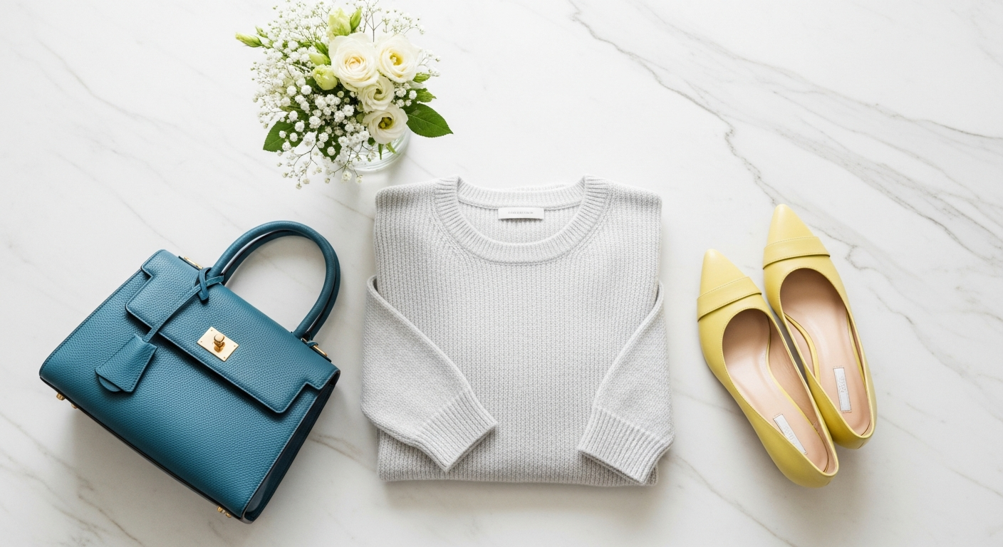 시니어 여성을 위한 2026 패션 아이템 플랫레이 사진. '클라우드 댄서' 니트, '틸' 색상 핸드백, '모닝 옐로우' 구두가 대리석 테이블 위에 정갈하게 놓여 있음. 옆에 생화 장식. 우아하고 정돈된 느낌.