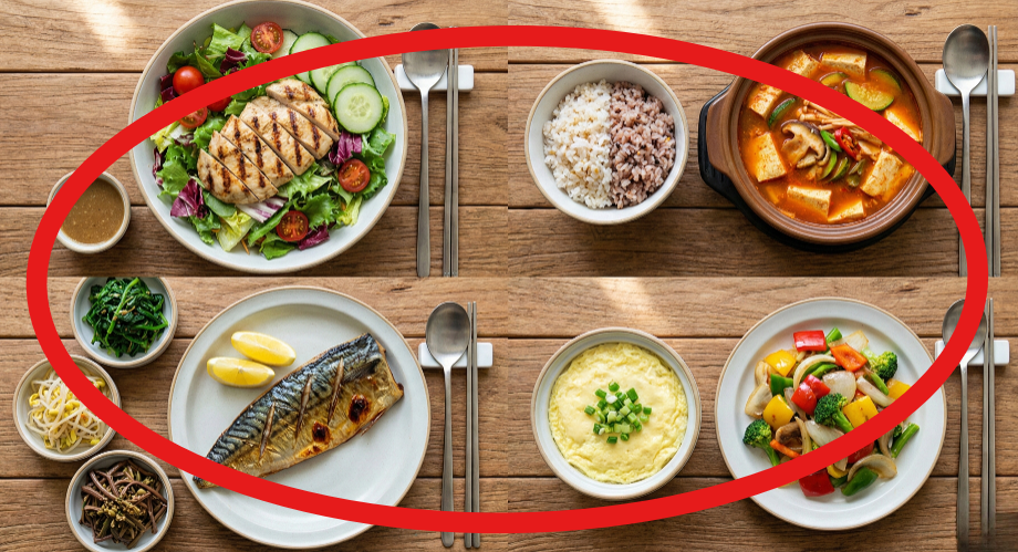 샐러드 + 구운 닭가슴살
두부찌개 (밥 제외 또는 반공기)
생선구이 + 나물
달걀찜 + 채소볶음