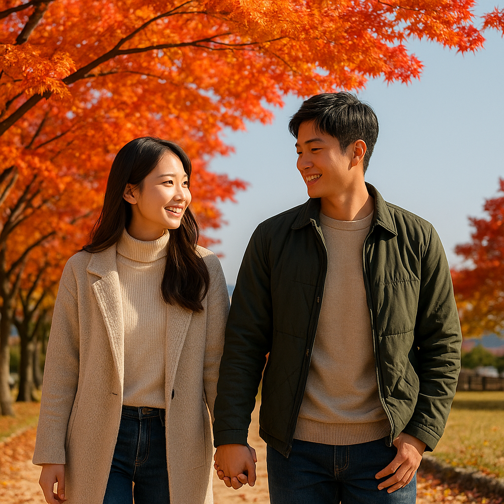 첨성대 앞 단풍길을 걷는 한국인 커플