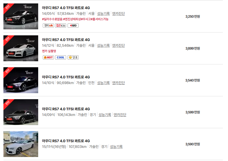 아우디 RS7 중고차 가격 시세표 고속 시내 연비