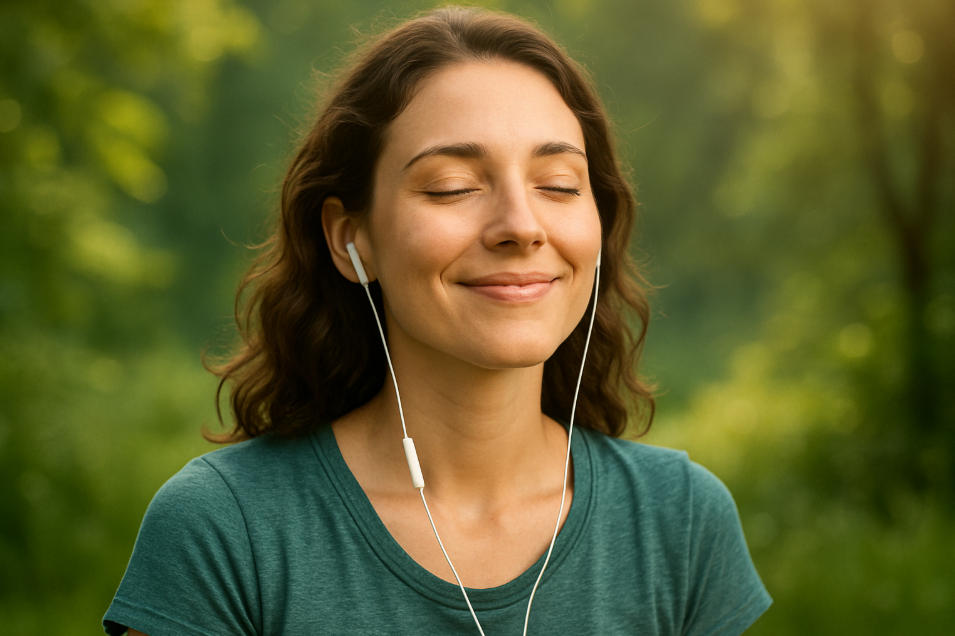 이어폰을 끼고 눈을 감고 미소 짓는 여성이 자연 속에서 명상 음악을 감상하는 장면